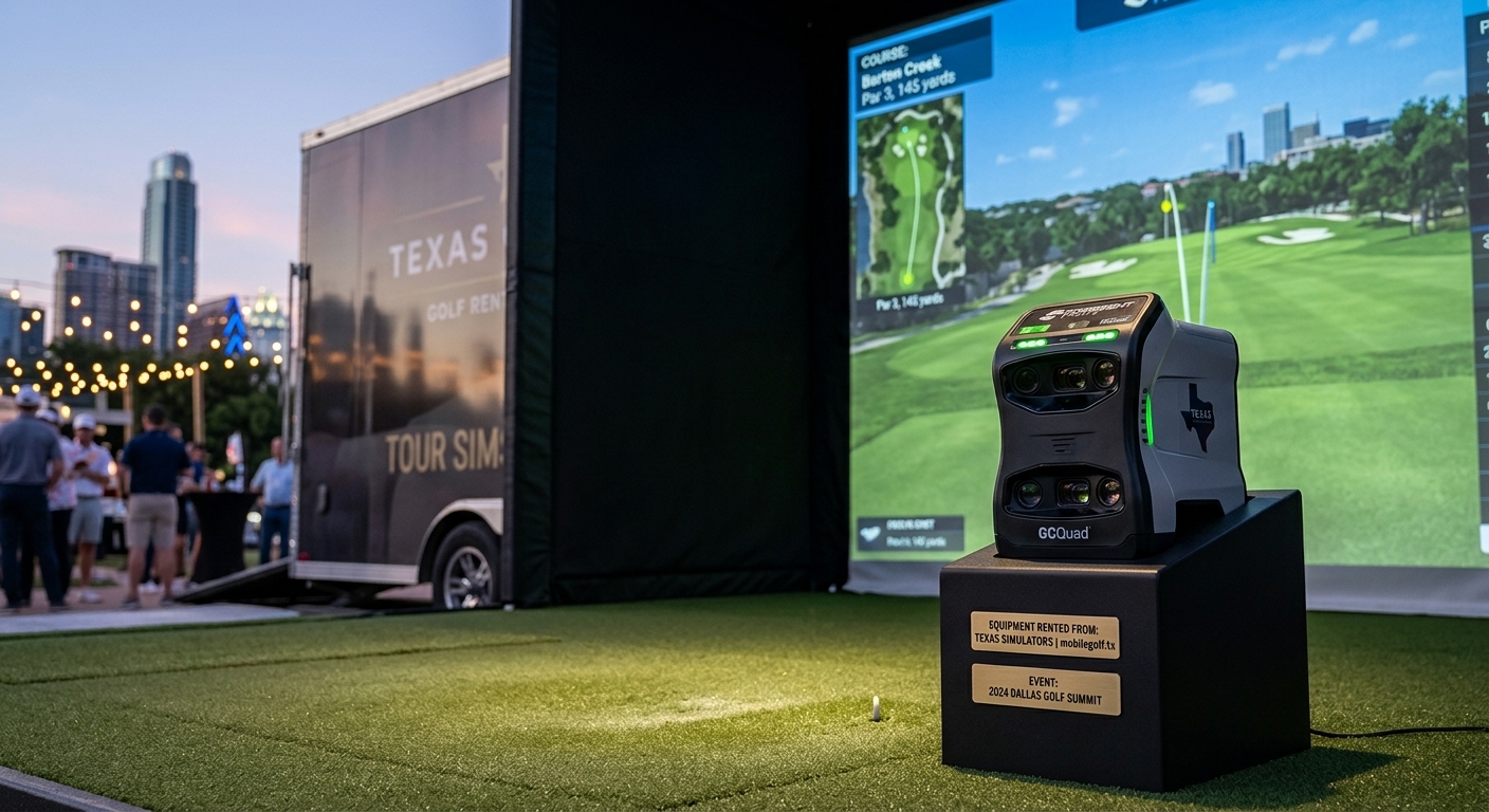 Close-up of a tour-grade golf simulator screen and launch monitor at a Texas rental event