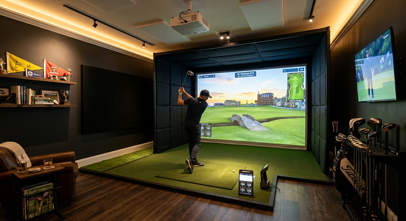 Custom golf simulator room setup with enclosure and projector