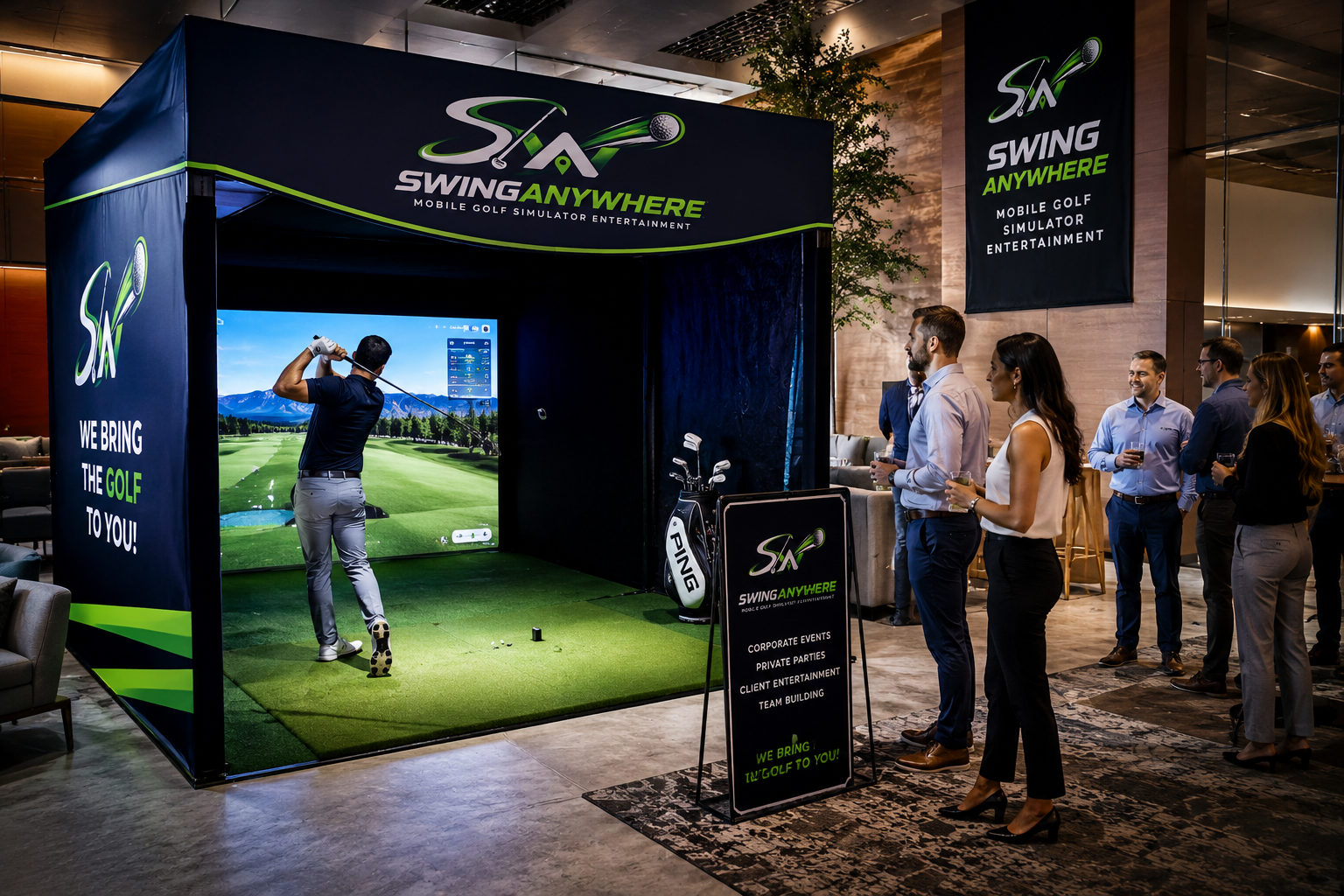 Golf simulator corporate event rental set up in an office courtyard in Texas