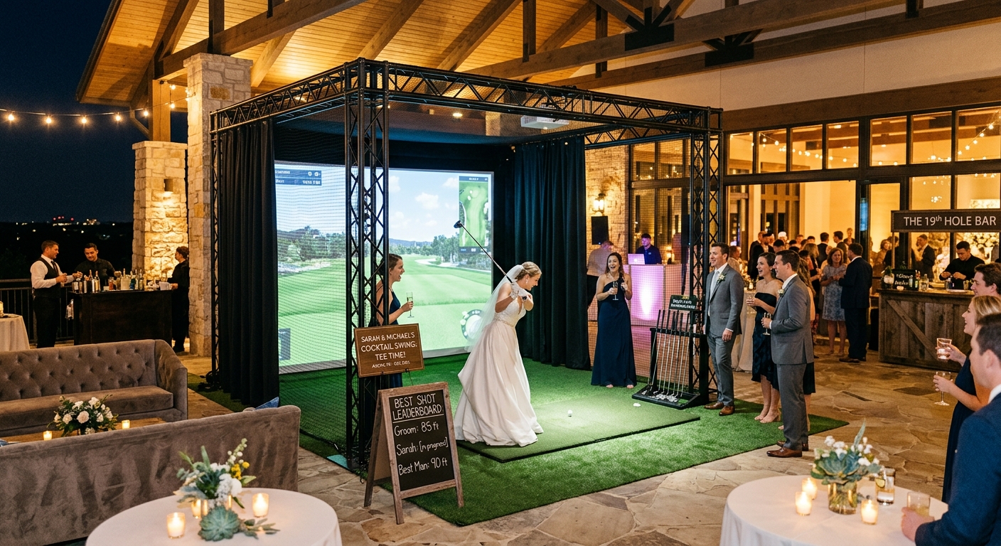 Golf simulator entertainment station at a wedding reception lounge in Austin