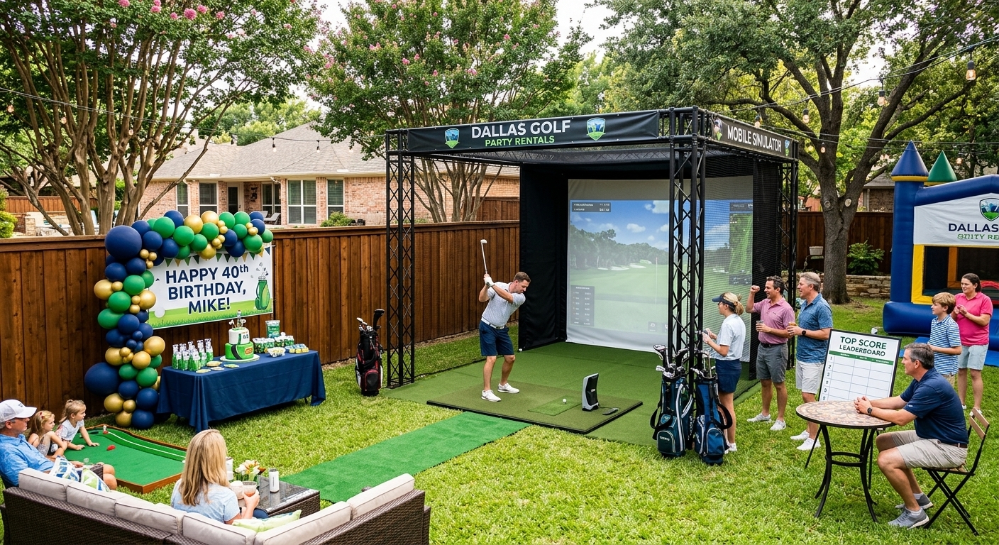 Mobile golf simulator birthday party rental set up in a Dallas backyard