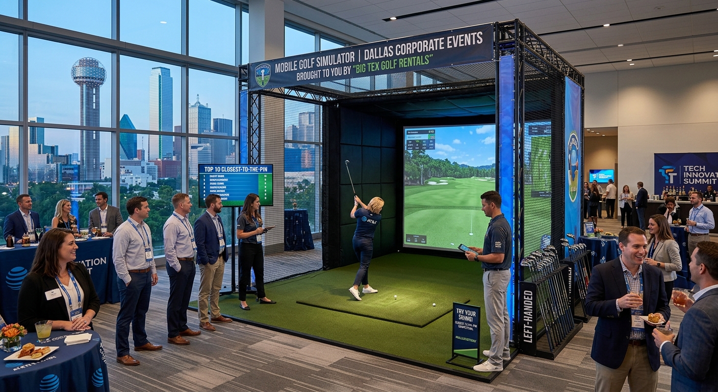 Mobile golf simulator rental setup at a corporate event in Dallas, Texas