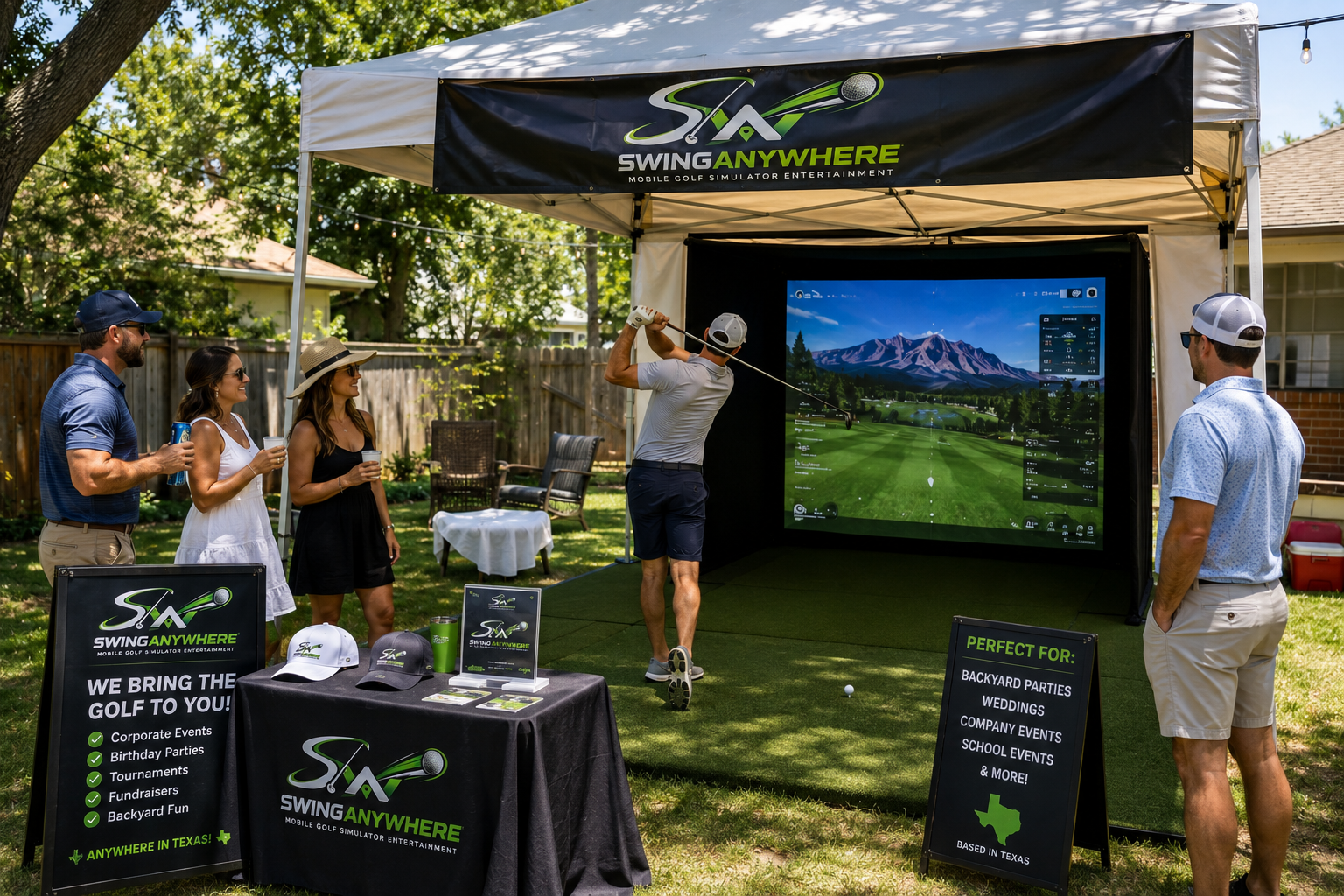 Outdoor golf simulator rental under a shade tent at a Texas backyard event